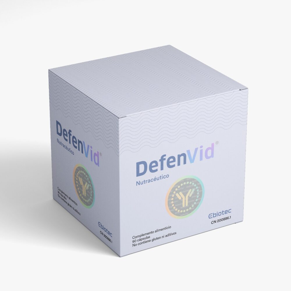 Caja del nutraceutico Defenvid de Ebiotec para reforzar el sistema inmunologico y las defensas.